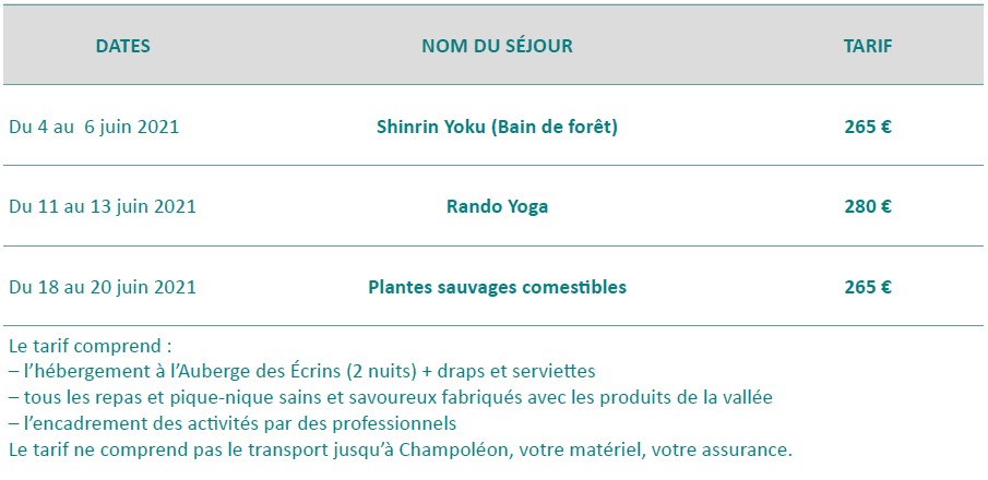 TARIFS SEJOURS POUR SITE